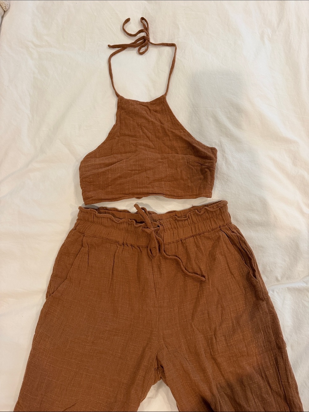 En Creme Rust Brown Cropped Halter Top and Ankle Pants Set